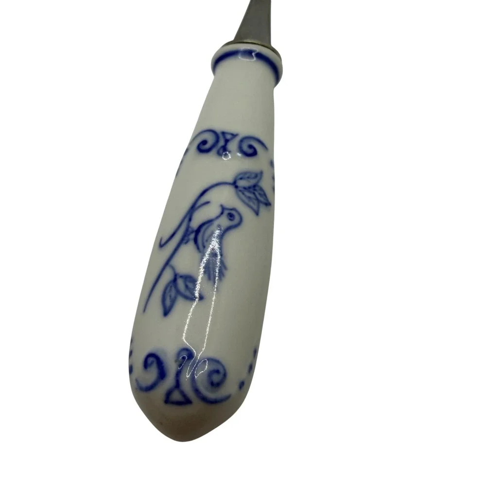 Vtg INOX Italy Spatula Ceramic Handle Blue White Bird Motif Kitchen Utensil
